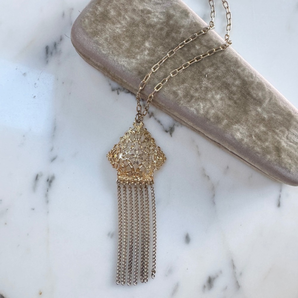 Vintage Boho Style Tassel Statement Necklace Gold Tone Festival Estruscan Mogul - Picture 3 of 9